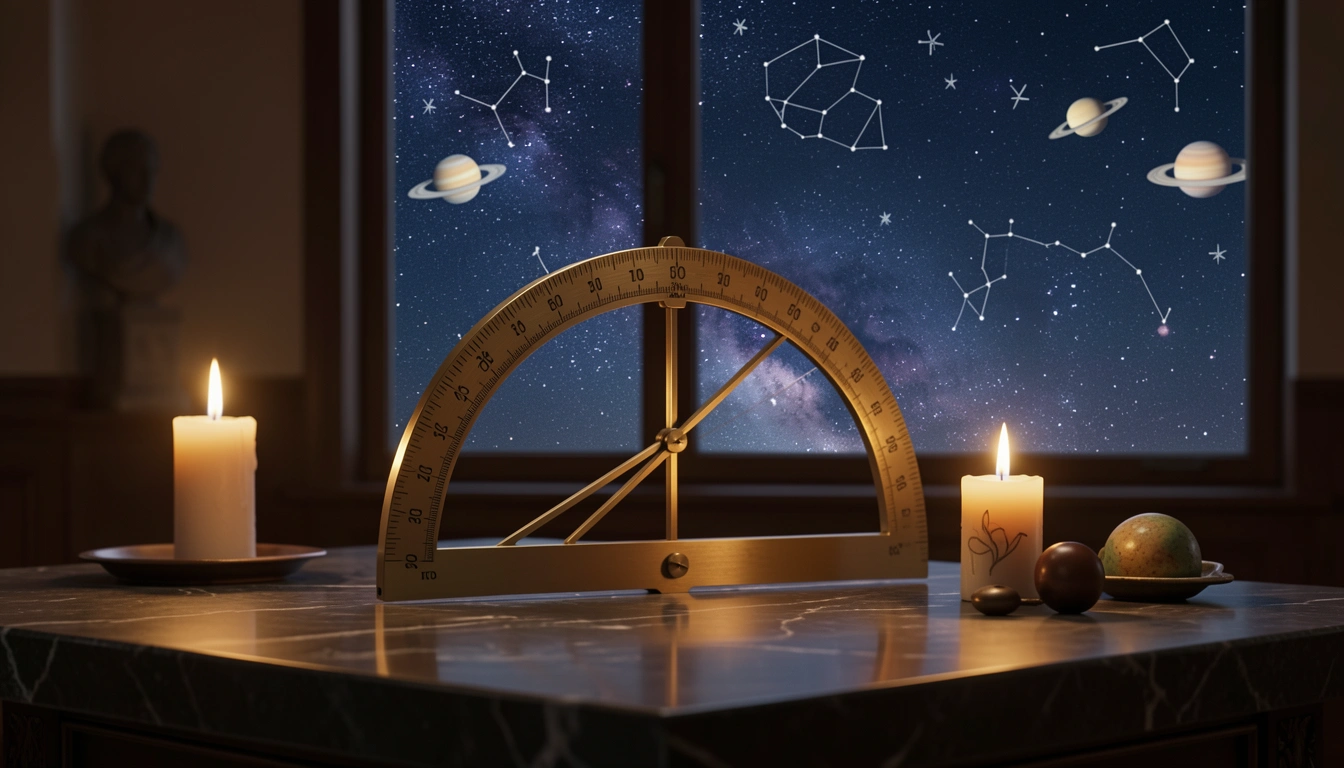 Brass quadrant on stone table under candlelight with night sky behind