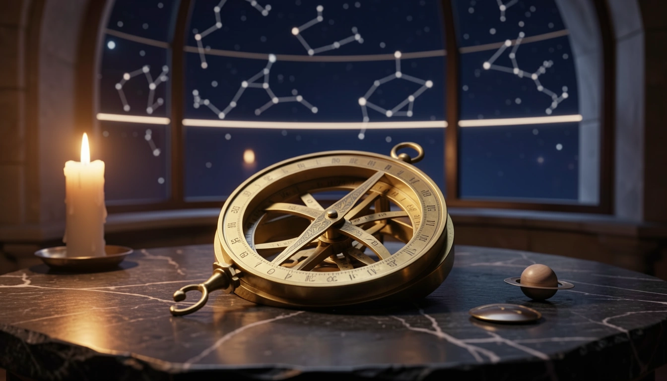 Brass astrolabe and declination dial glowing under candlelight against a night sky
