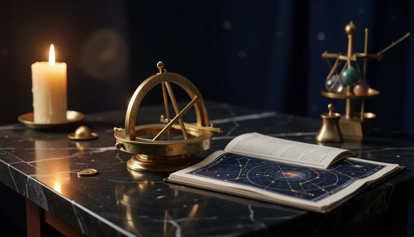 Brass astrolabe and star chart illuminated by candlelight on dark stone