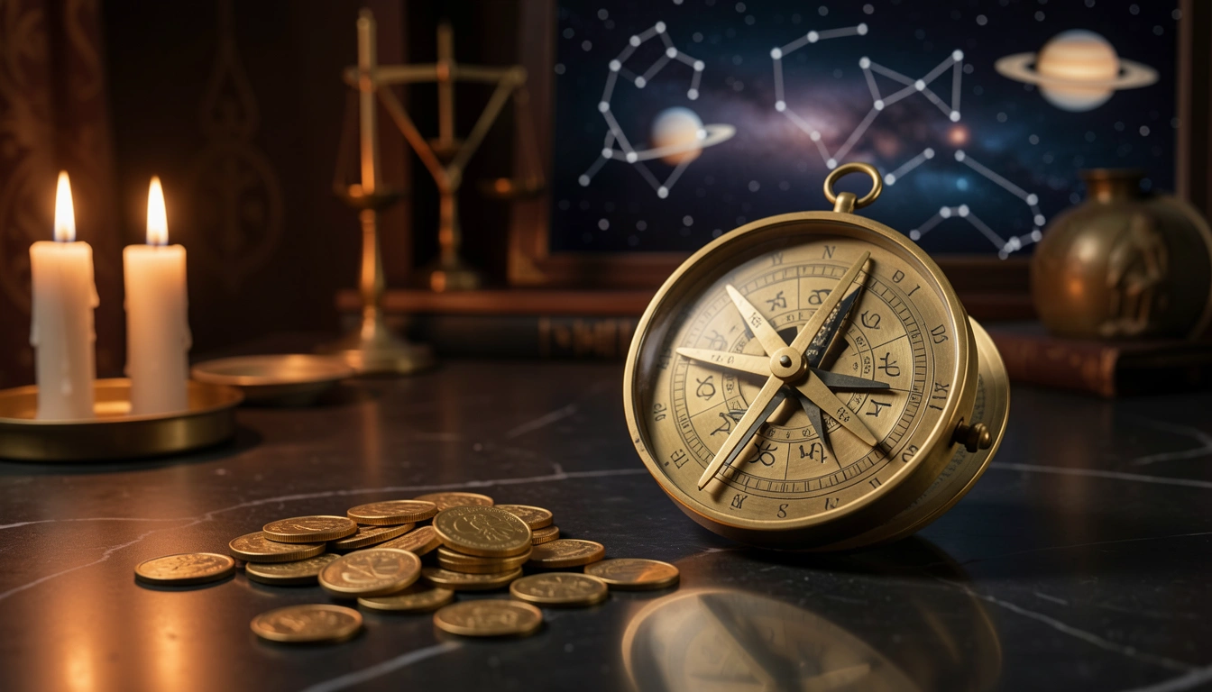 Brass astrolabe and gold coins on dark stone under candlelight