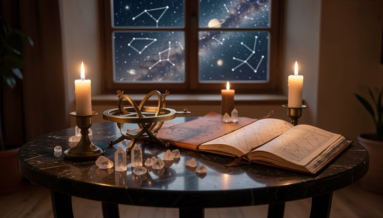 Brass astrolabe and quartz crystals on a candlelit stone table beneath a night sky