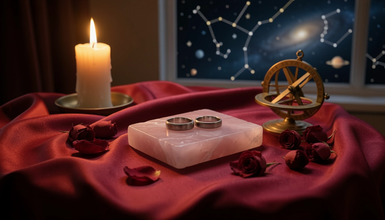Two silver rings on rose quartz beside a brass astrolabe under candlelight