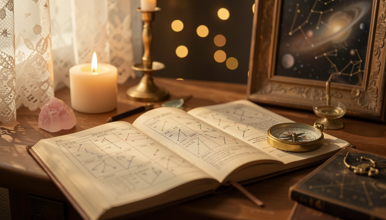 An open ephemeris on a candlelit table with a rose quartz crystal and brass compass, evoking romance and astrology.