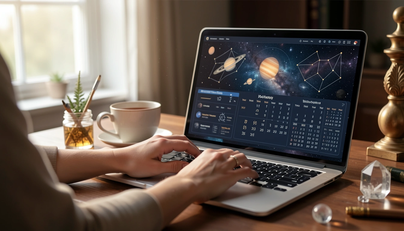 Person generating transit calendar on laptop with natal chart