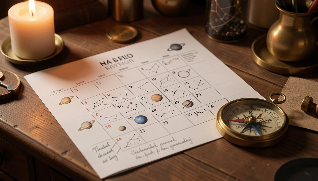 Close-up of a personal transit calendar with planetary symbols and handwritten notes.