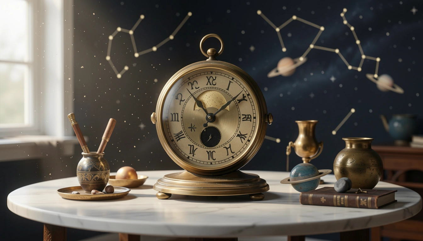Antique brass clock with zodiac engravings and moon phase dial.