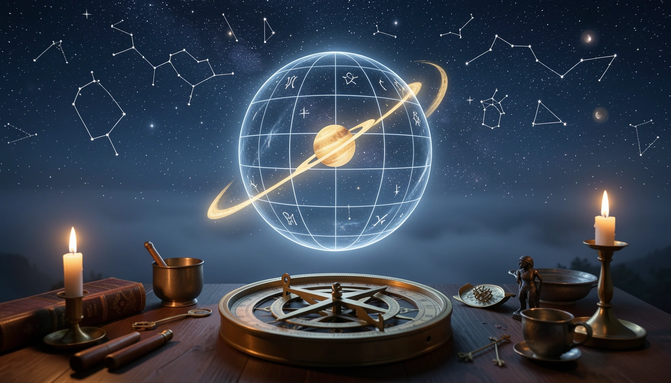 Celestial sphere with house divisions and a transiting planet crossing a house cusp