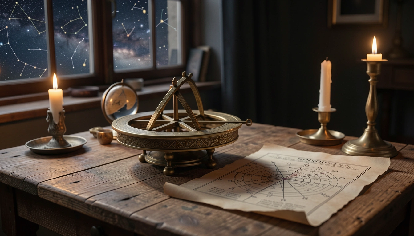 Antique brass astrolabe on a wooden table beside a parchment birth chart under candlelight with a starry night sky visible through a window.