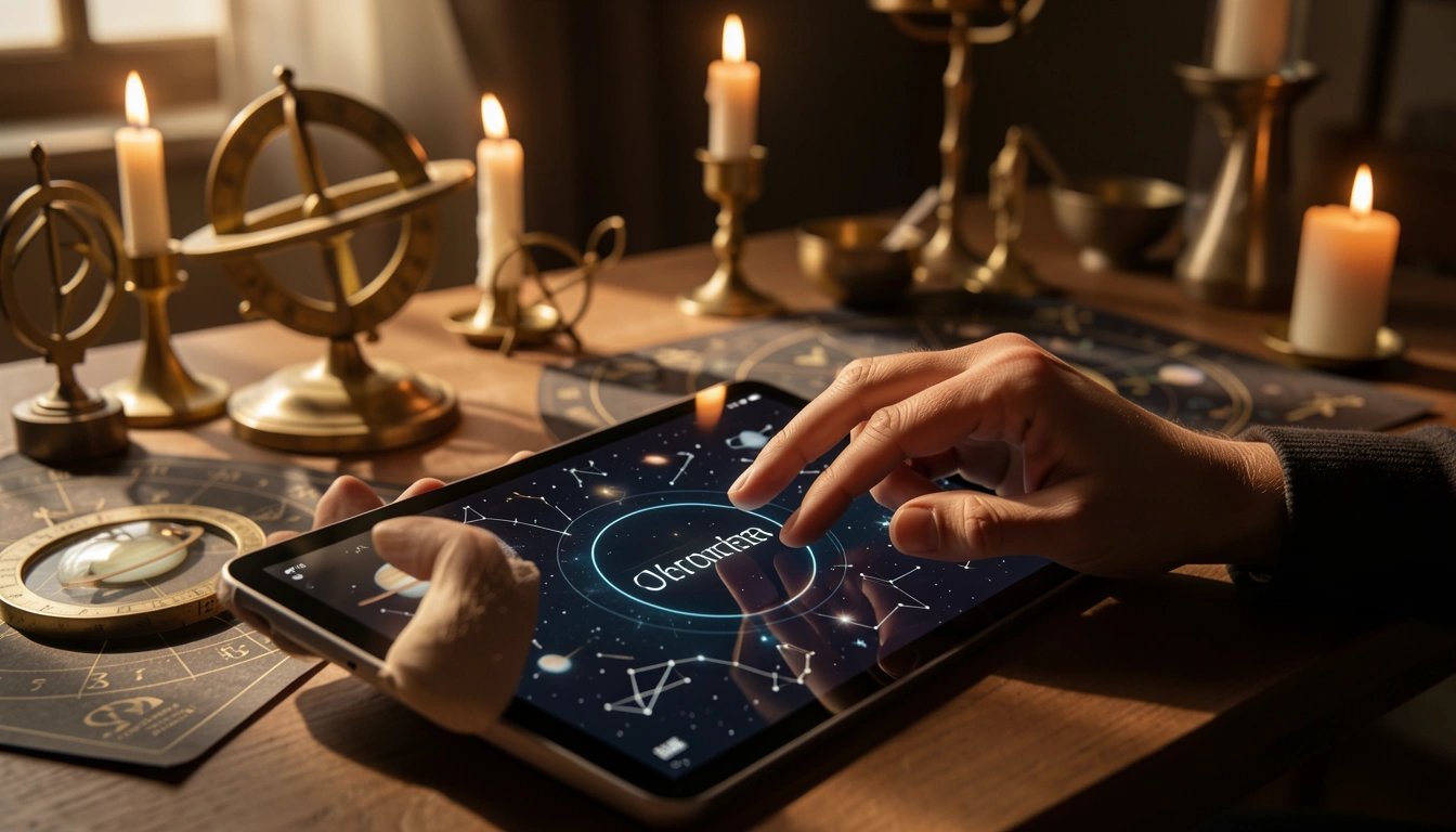 Hands entering a name into a numerology calculator on a tablet beside a candlelit table with brass astrological tools