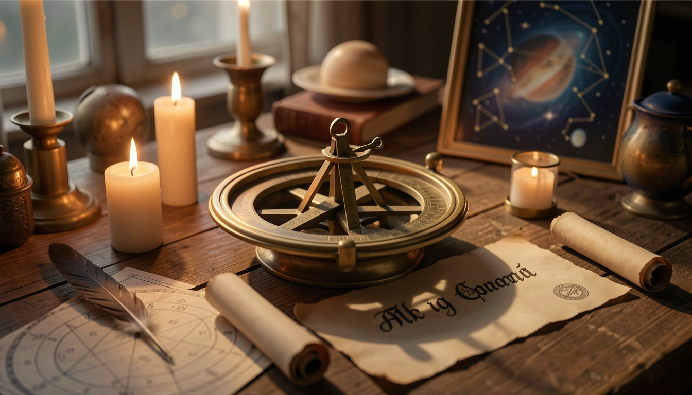 Brass astrolabe and parchment with a name on a candlelit table