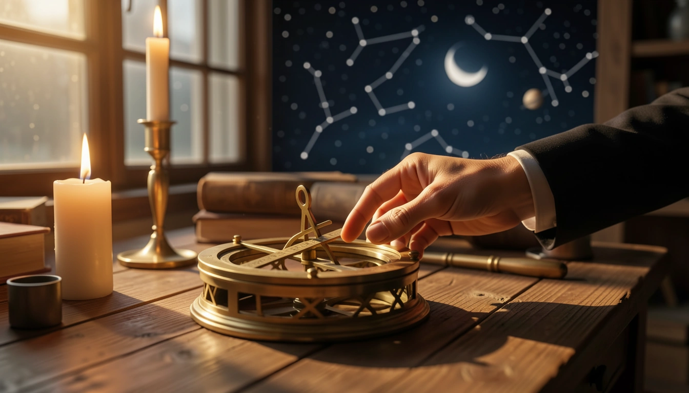 Hand touching a brass astrolabe on a candlelit table with a starry night sky visible through a window