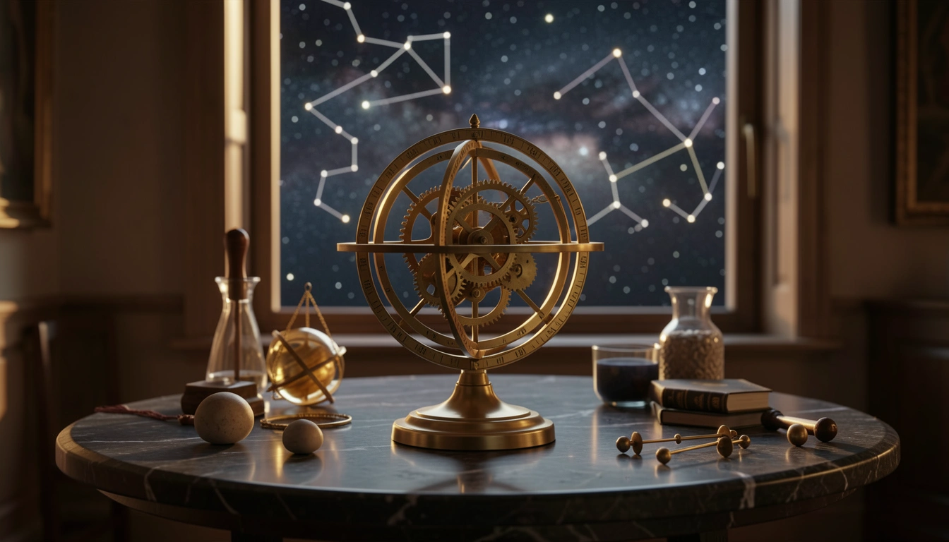 Brass orrery gears lit by warm side light against a starry window