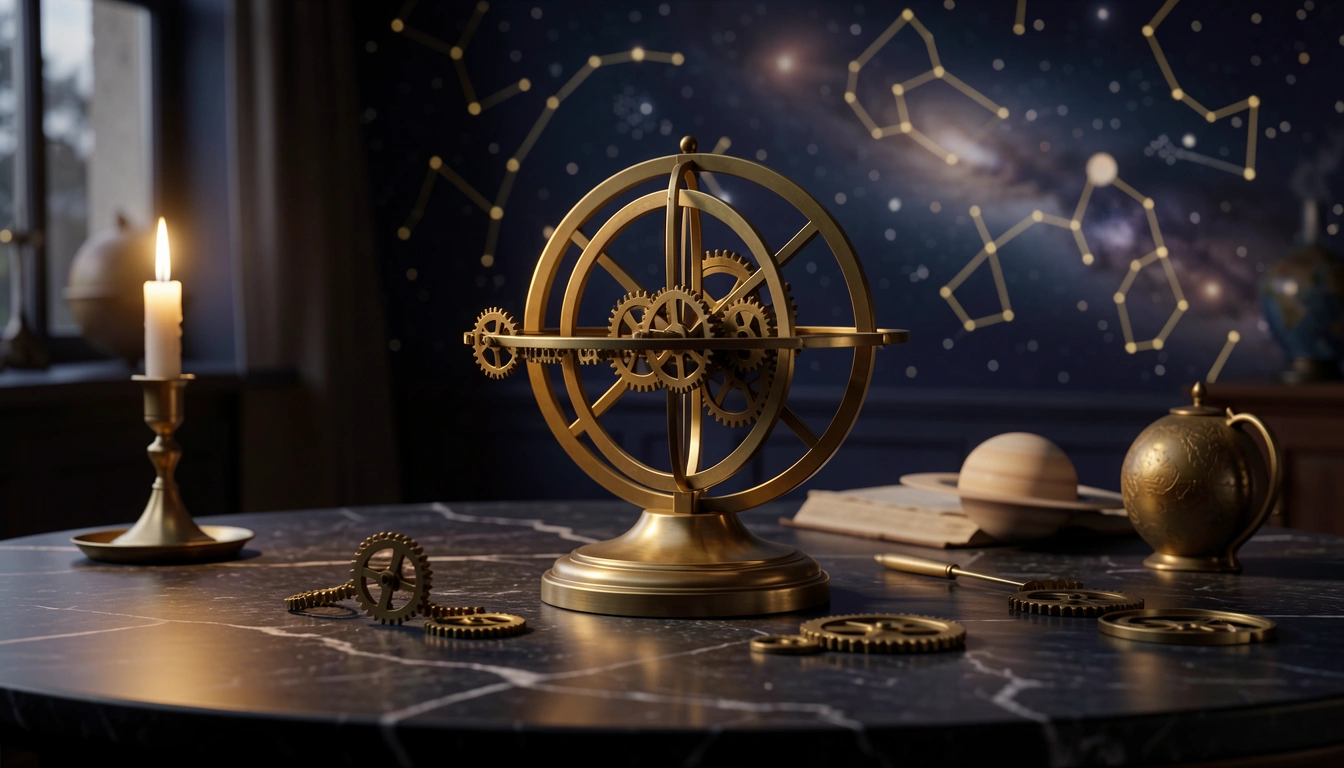 Brass orrery with one small gear triggering a chain of larger gears under candlelight