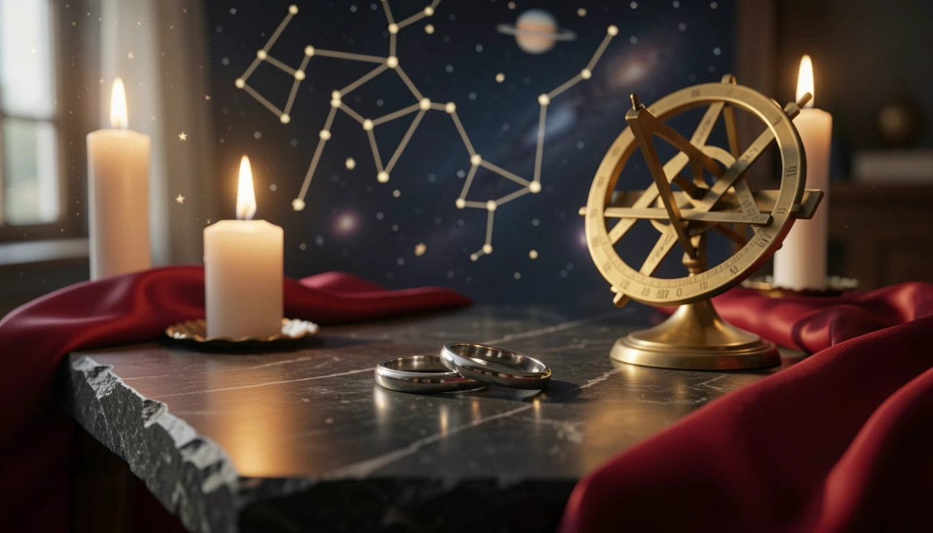 Two silver rings on dark stone beside a brass astrolabe under candlelight