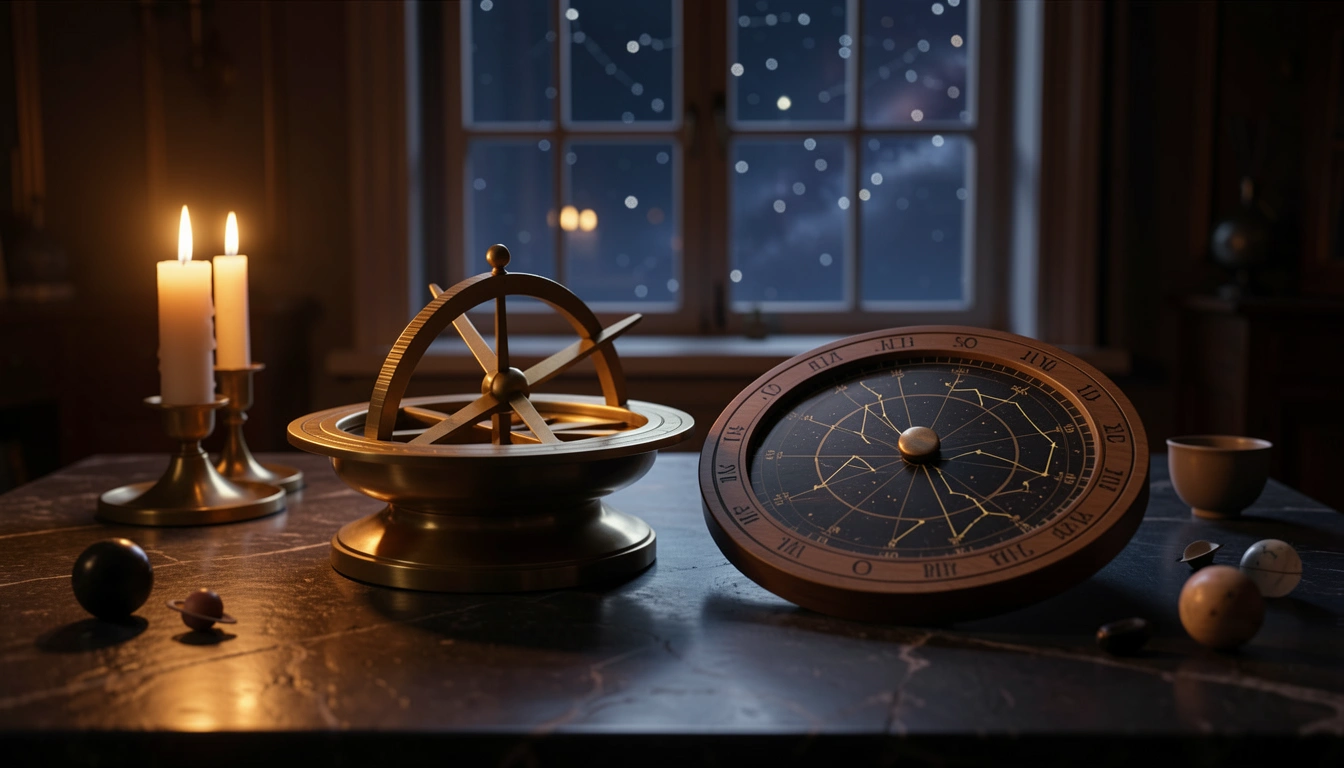 Brass astrolabe and circular planetary dial on dark stone under candlelight