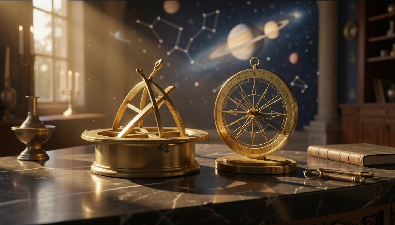 Brass astronomical instruments on stone in warm directional light