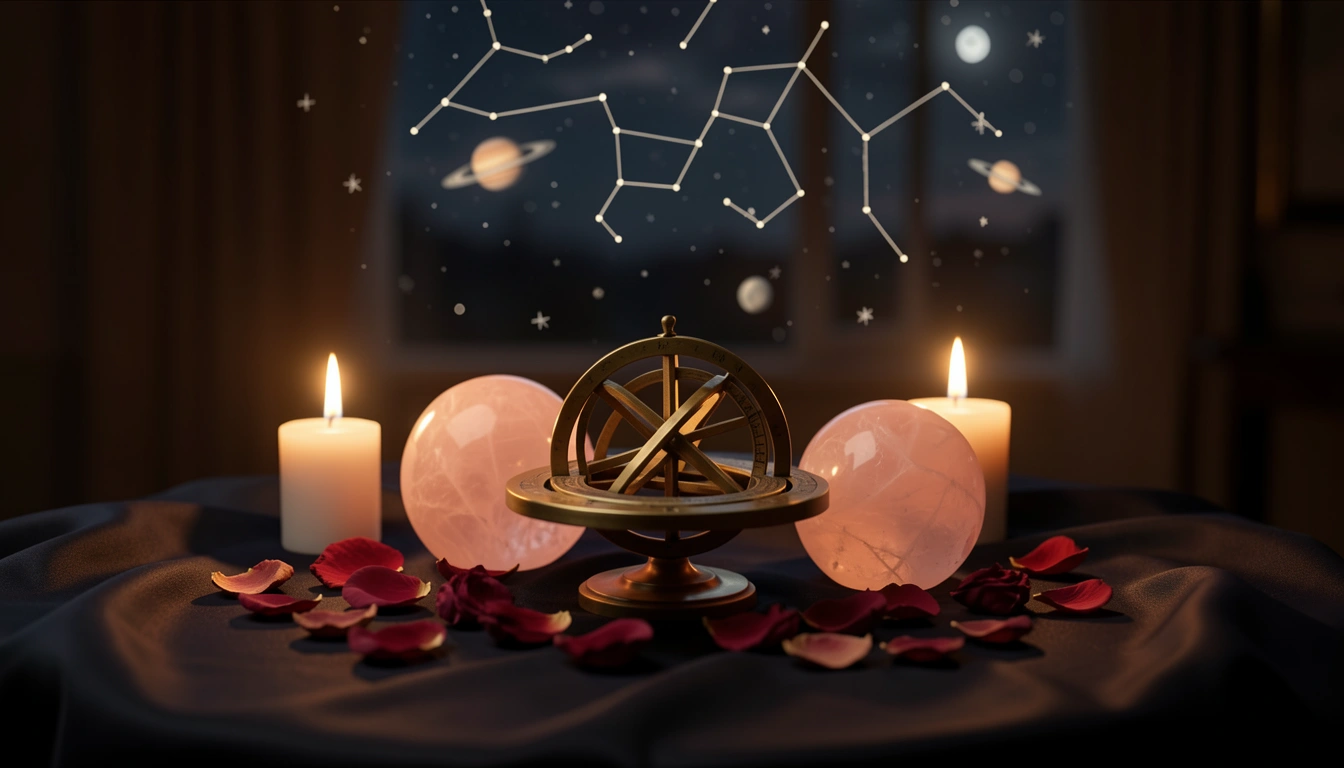 Rose quartz spheres and a brass astrolabe on a candlelit silk table