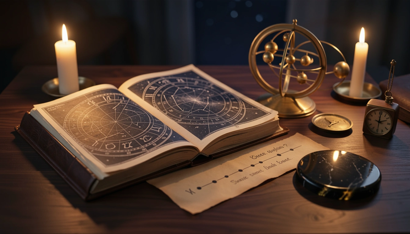 Candlelit desk with a star atlas, brass orrery, and a parchment timeline of planetary cycles