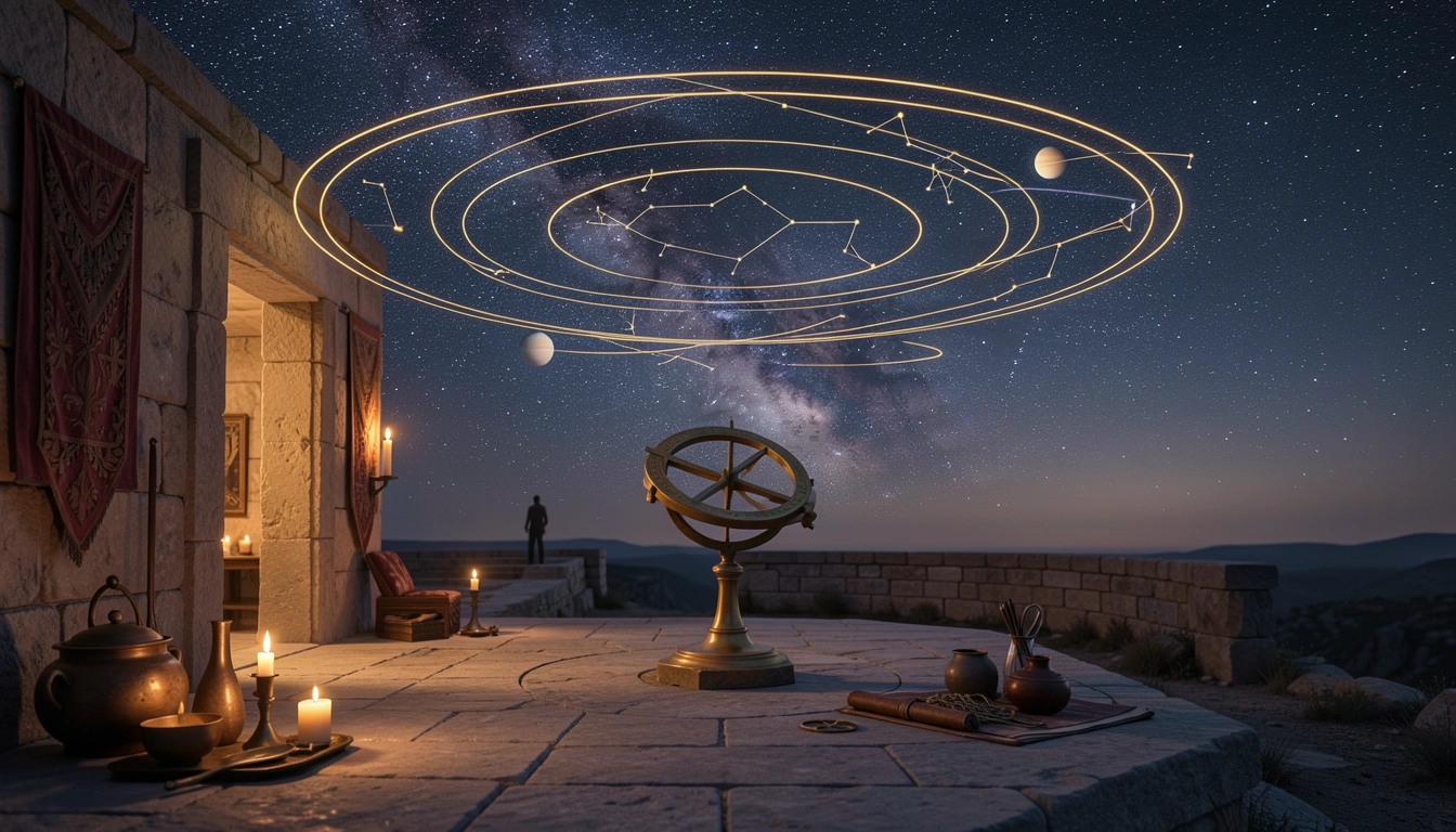 Night sky with planetary return rings over an observatory platform