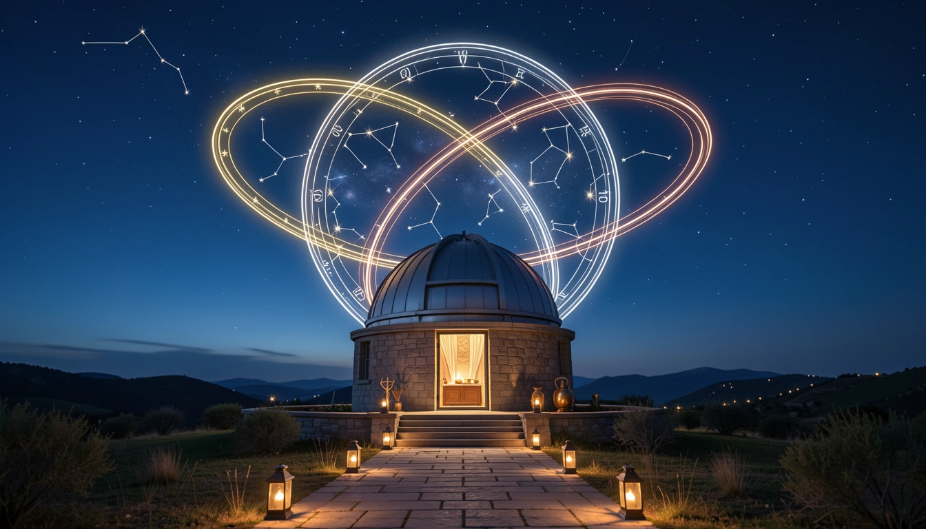 Three interlocking planetary rings over an observatory dome at night