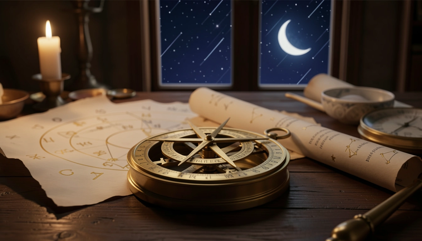 Brass astrolabe and birth chart on a candlelit table, night sky visible through window