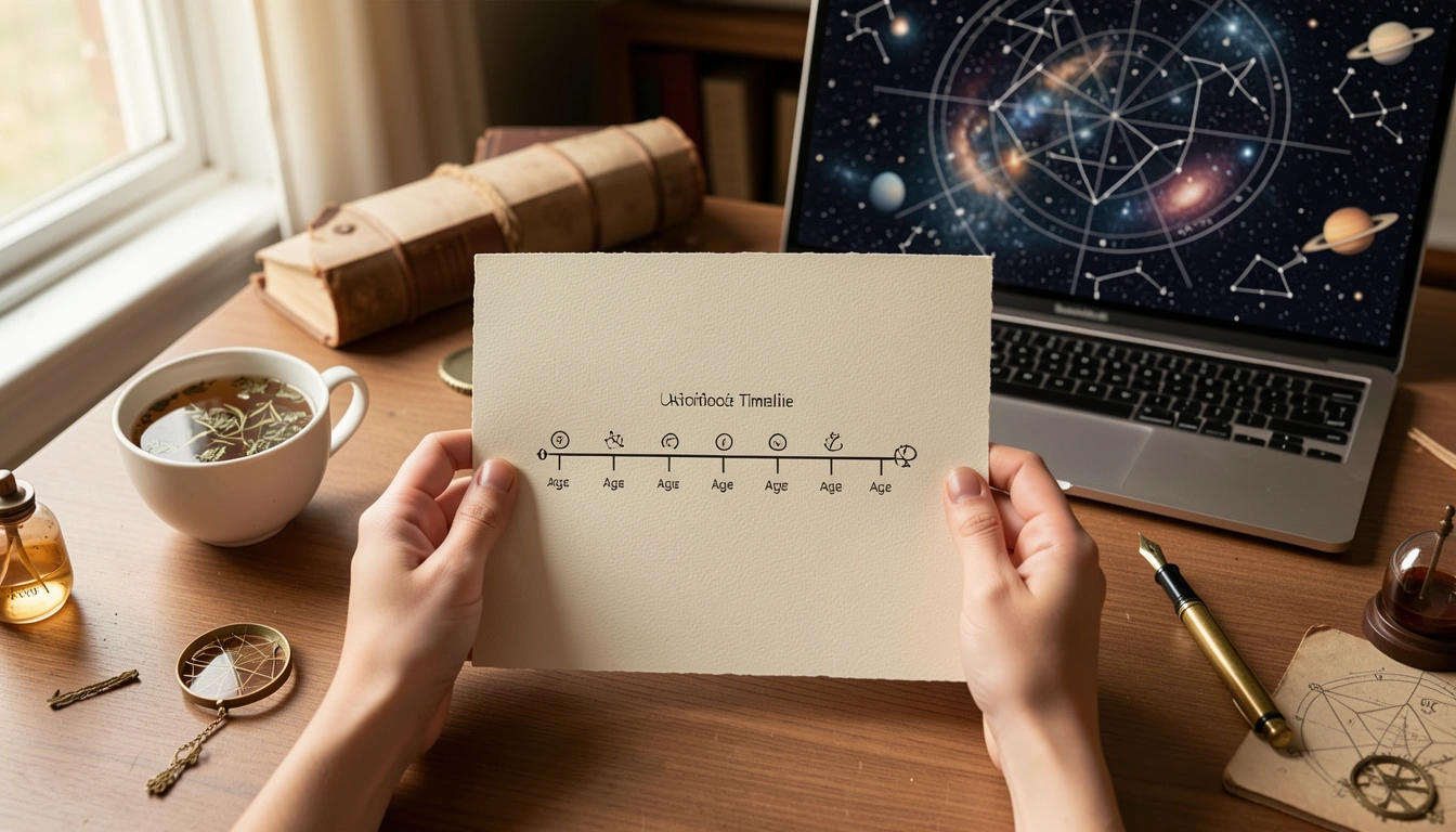 Hands holding a printed astrology timeline chart next to a laptop and brass pen.