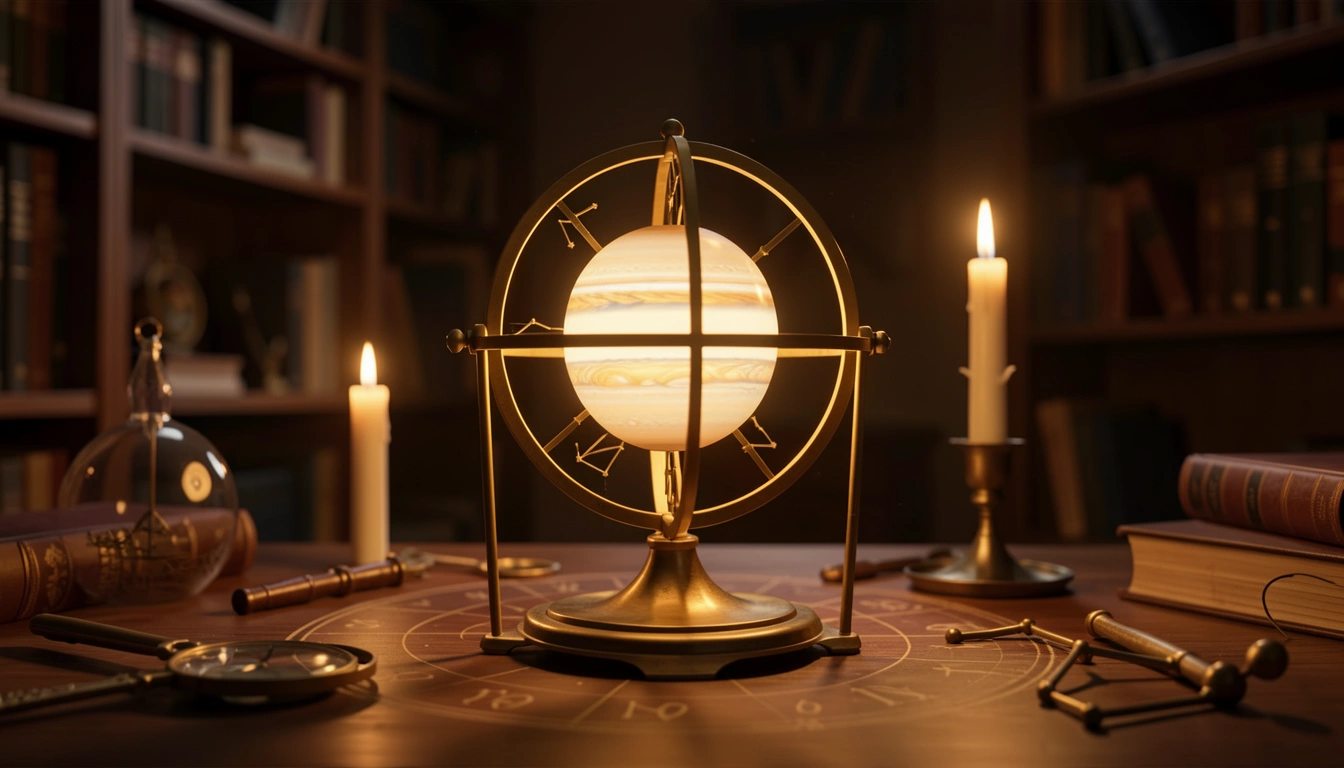 A brass orrery with a glowing Jupiter sphere in a candlelit study, representing Jupiter return cycles.