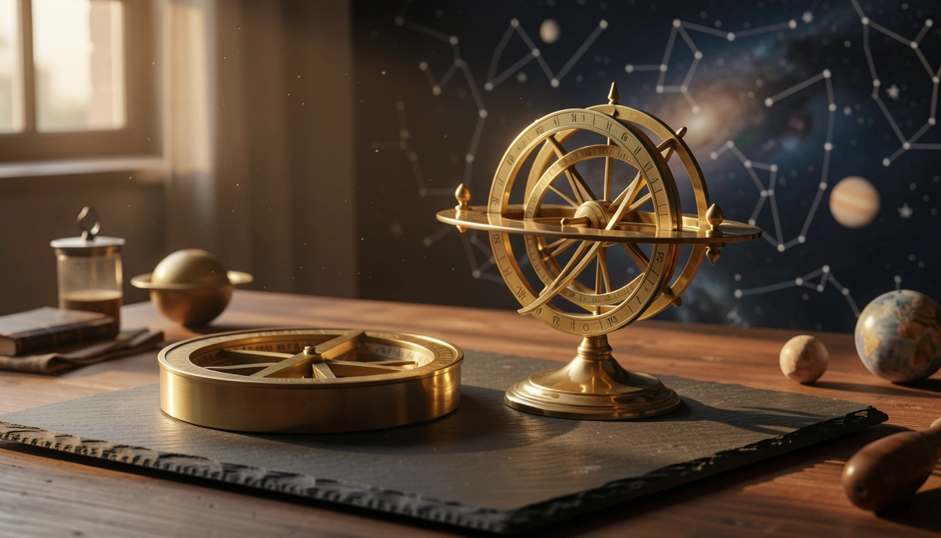 Brass astrolabe and orrery on dark stone in golden light