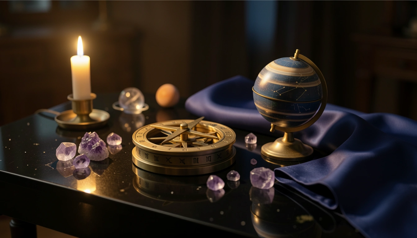 Brass astrolabe, celestial globe, and crystals arranged on a candlelit obsidian desk