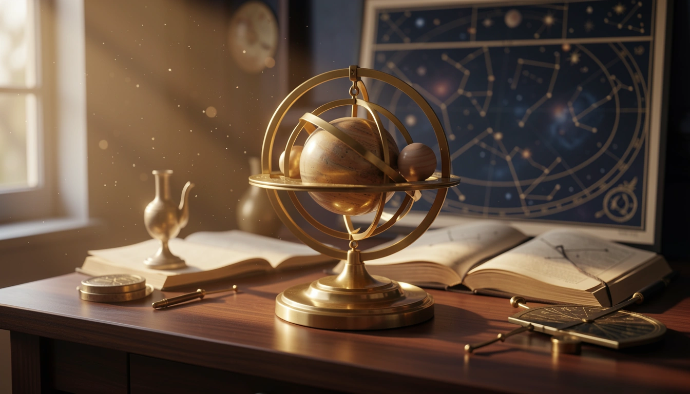 Brass orrery with planetary spheres lit by warm side light on a dark wooden desk