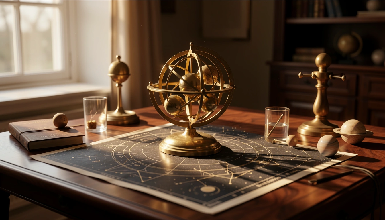 Brass orrery and star chart on a polished desk under warm side light