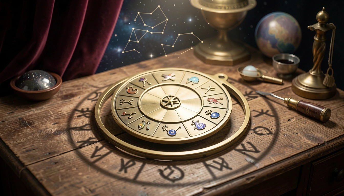 A brass zodiac wheel with enamel symbols resting on a wooden desk in a warm, shadowy room with burgundy velvet.