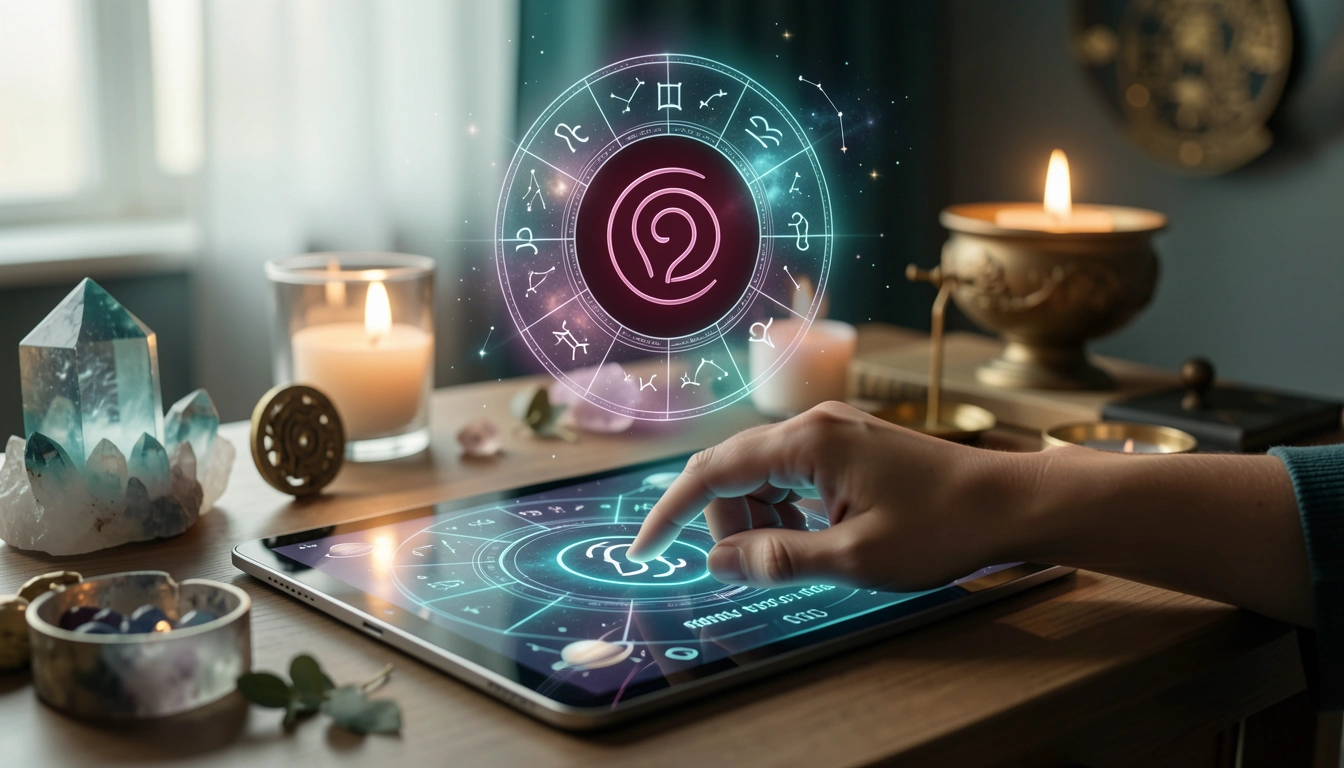 Hand entering birth date on tablet with Pluto zodiac hologram