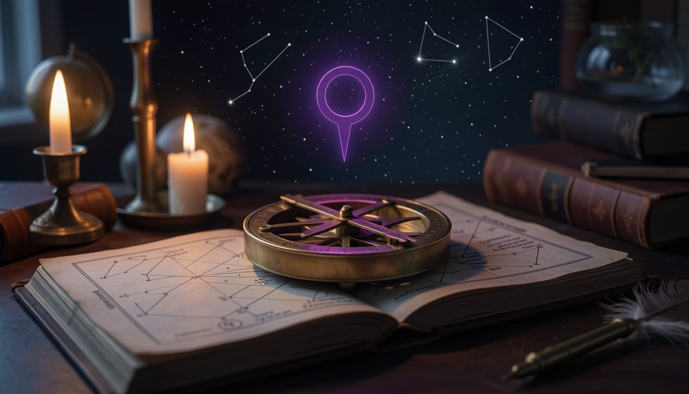 Pluto symbol glowing over a birth chart with candlelight and astrolabe