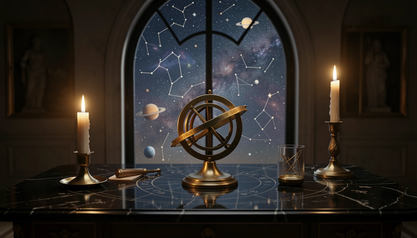 Brass astrolabe and candle on an obsidian desk under a night sky, symbolizing Pluto's power over career and transformation.