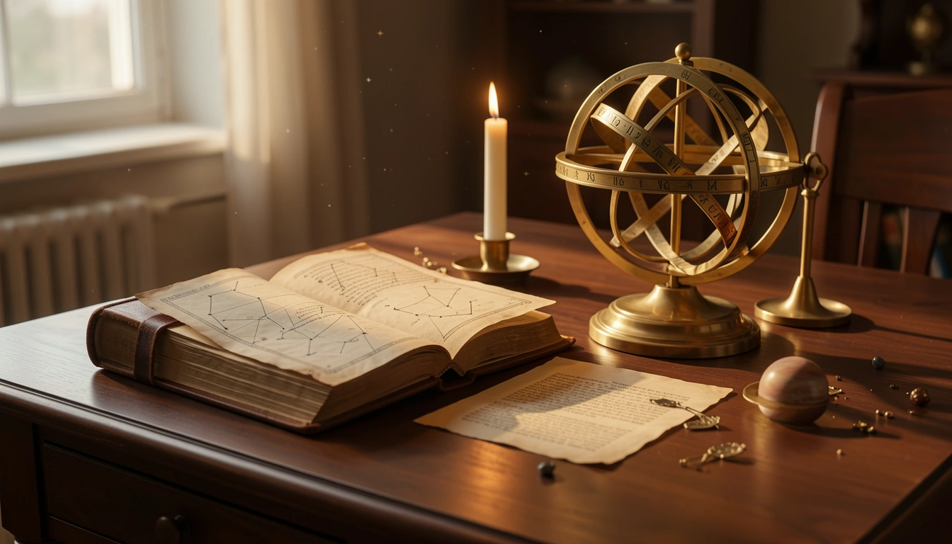 Brass orrery and open astrological manuscript on a candlelit wooden desk