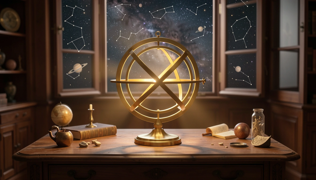 Brass armillary sphere with two crossing beams of light, representing primary directions and secondary progressions