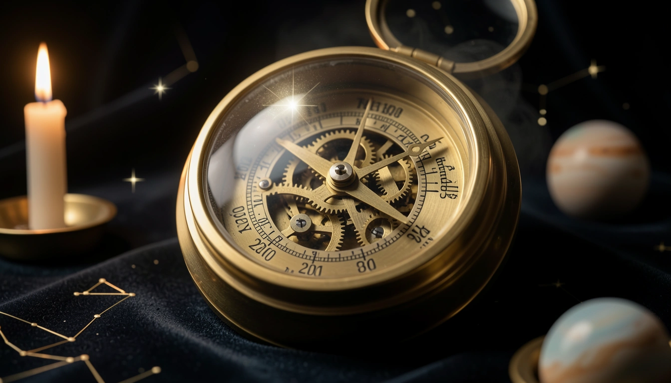 Close-up of brass celestial clockwork with starlight reflection, symbolizing the precision of primary directions