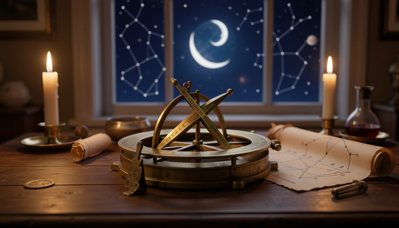 Antique brass astrolabe and parchment chart for primary directions.