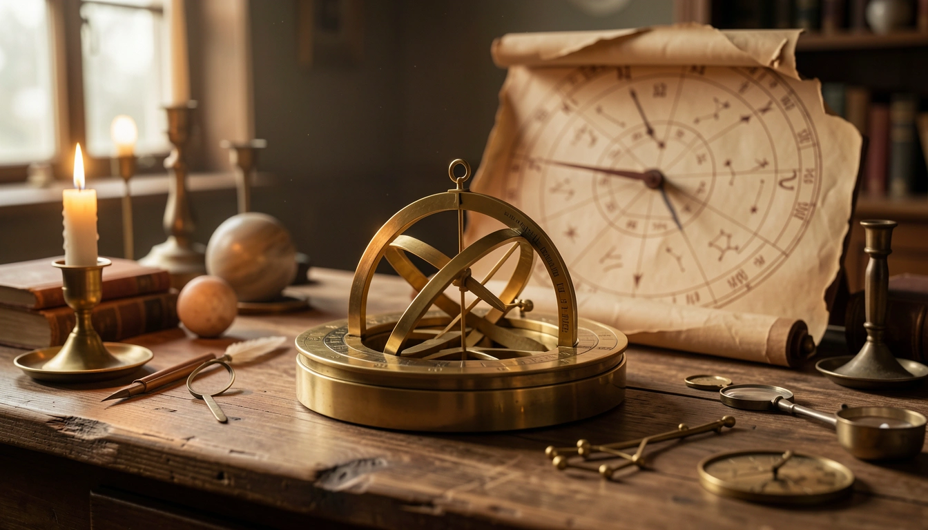 Antique brass astrolabe on wooden table with horoscope chart.