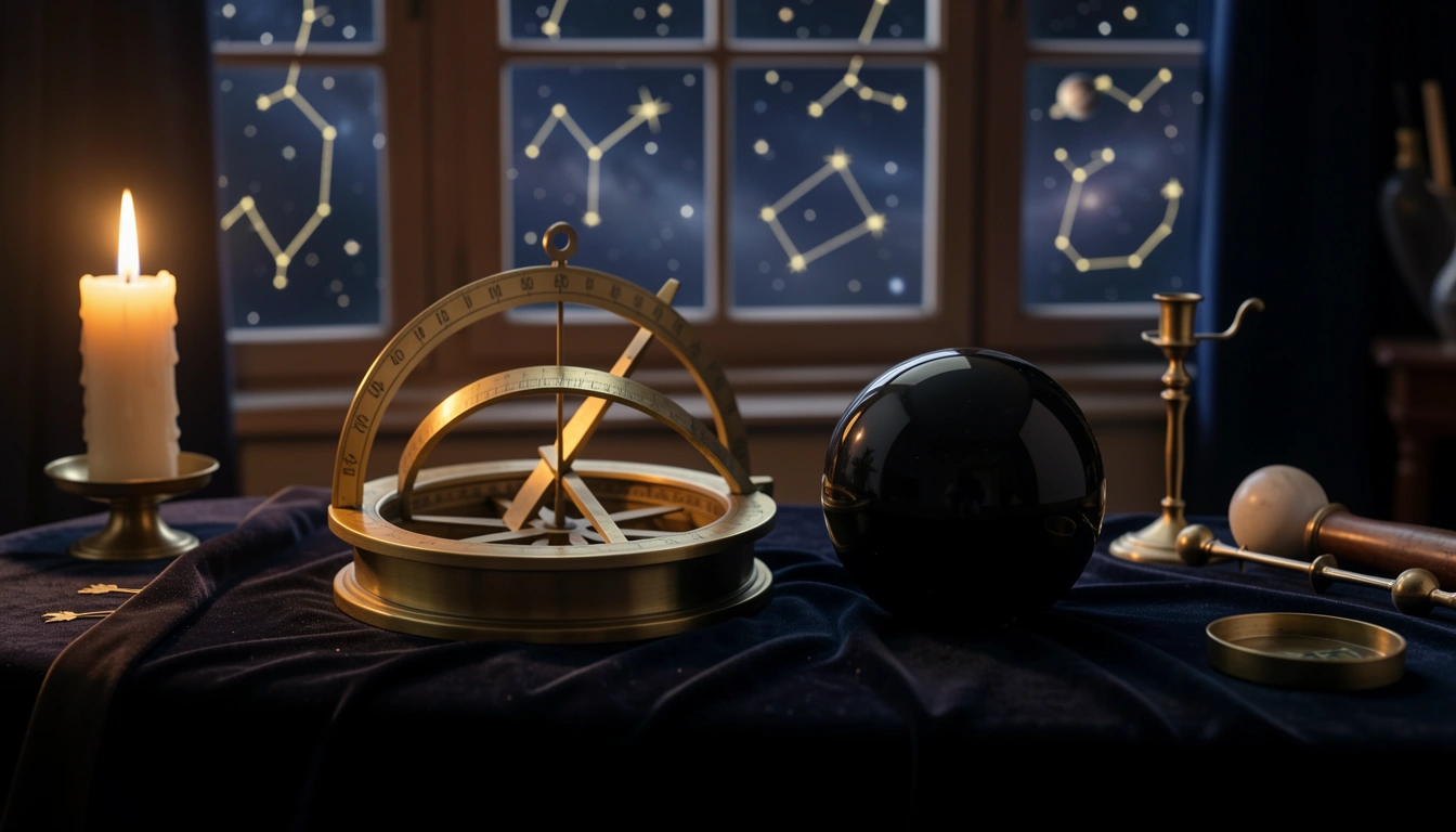 Brass astrolabe and obsidian sphere on velvet under candlelight