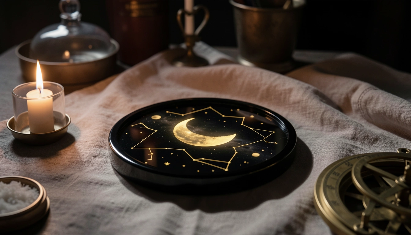 Obsidian disc and brass astrolabe on a candlelit ritual table