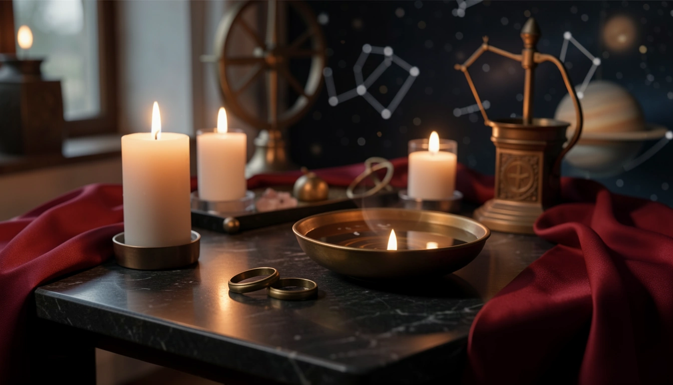 Two brass rings and a bowl of water on a candlelit stone table with crimson silk