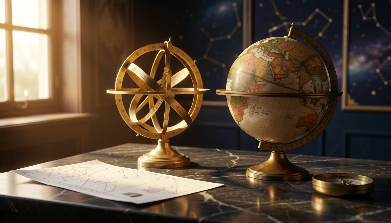 Brass armillary sphere and celestial globe on a stone table beside a printed astrology chart