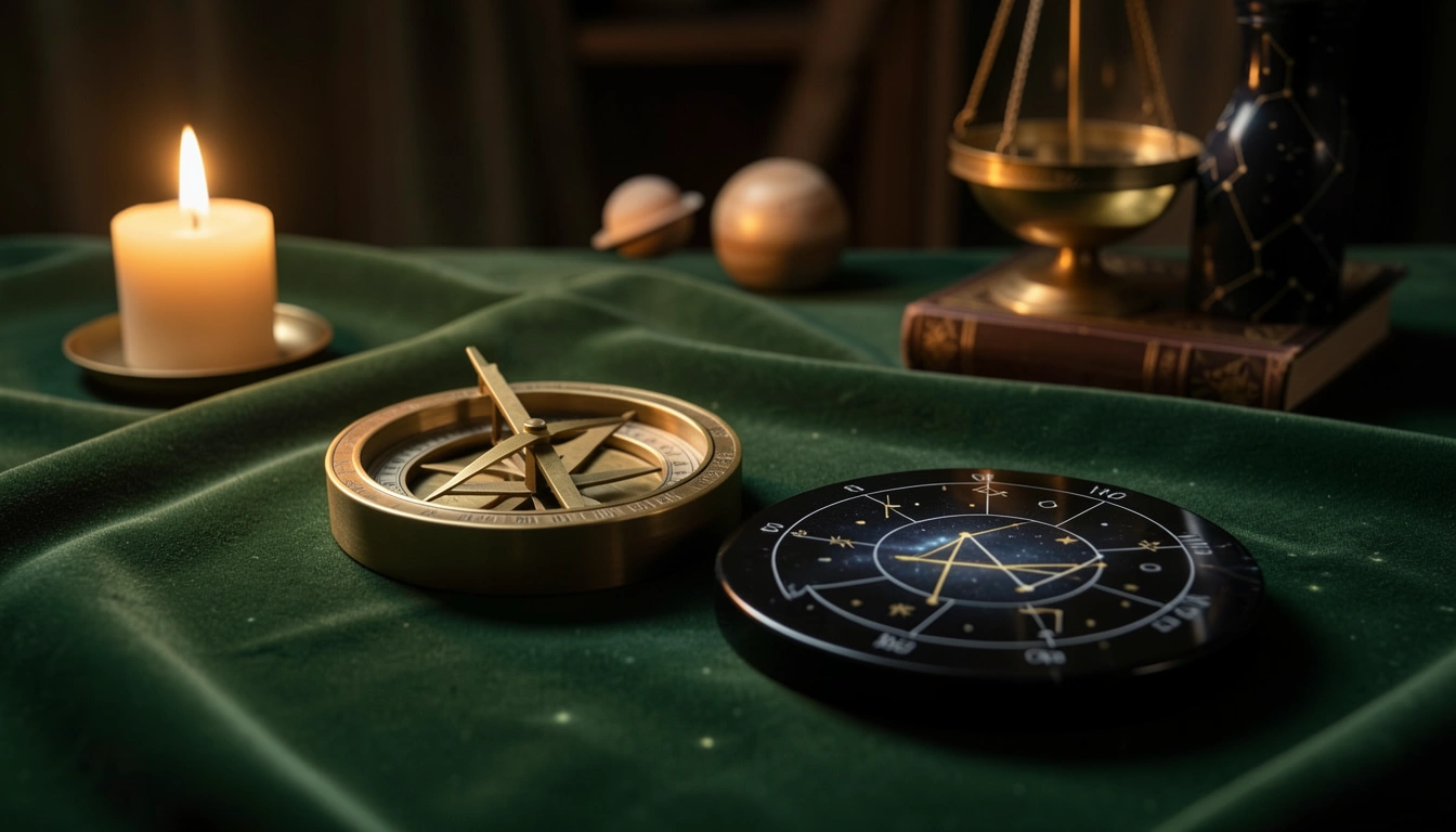 Brass astrolabe and polished stone on velvet under candlelight