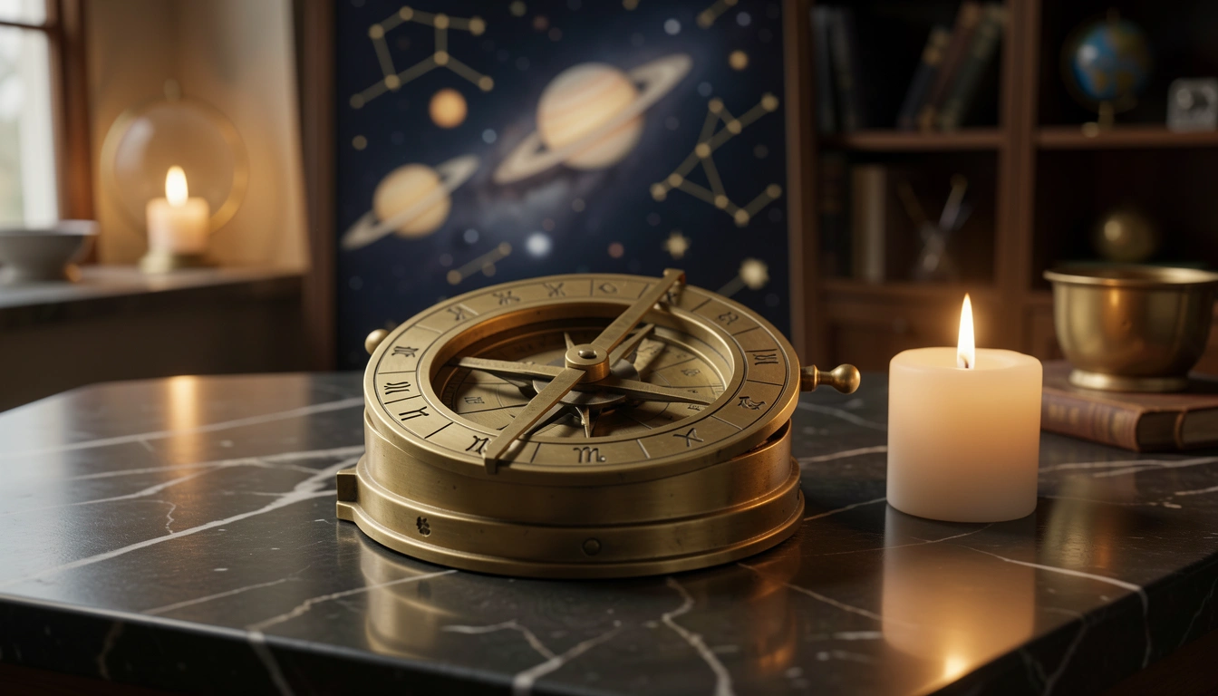 Brass astrolabe and candlelight on polished stone with engraved zodiac rings