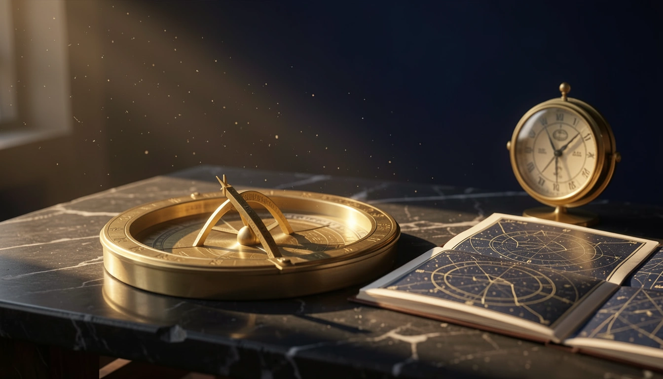 Brass astrolabe and star chart lit by dawn light