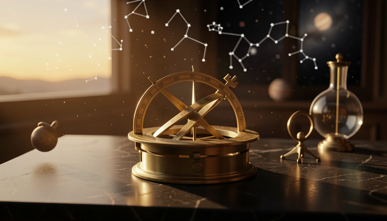 Brass astrolabe on polished stone lit by golden hour light