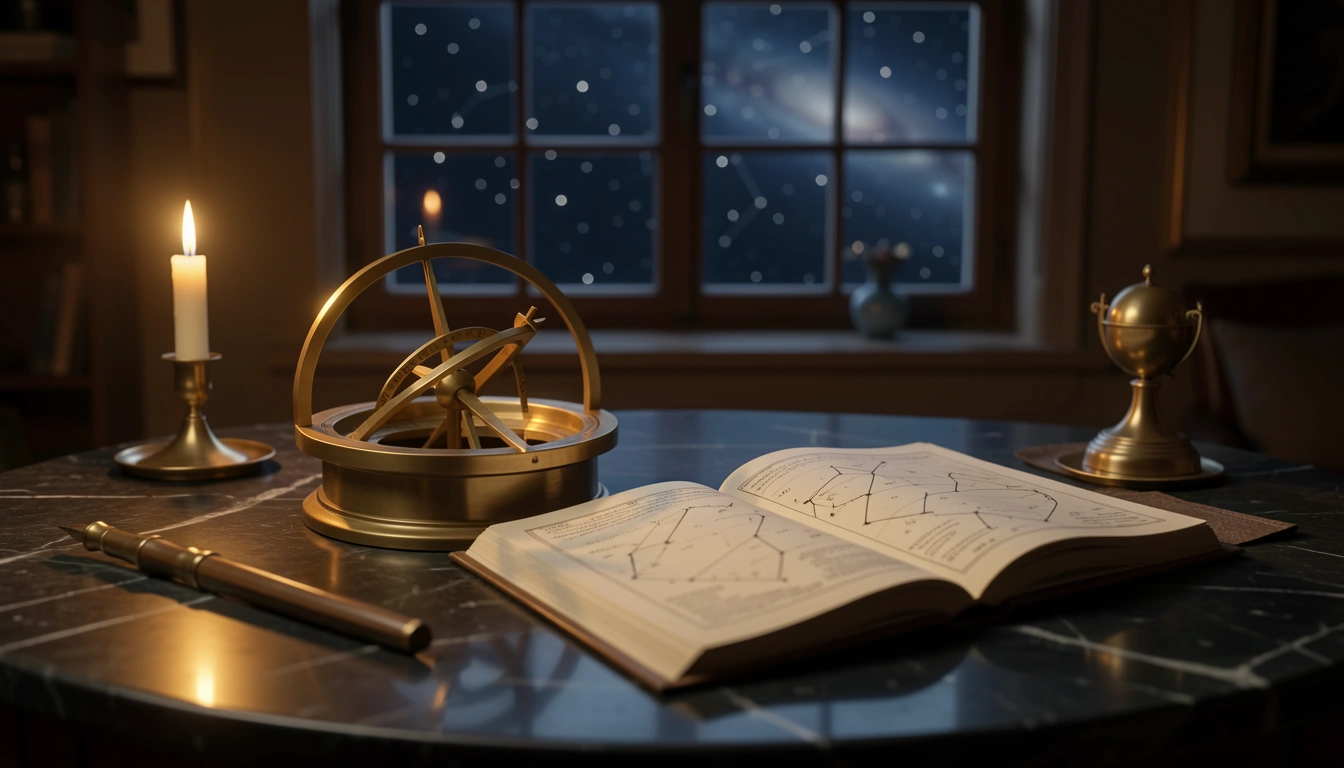 Brass astrolabe and celestial atlas on stone table under candlelight