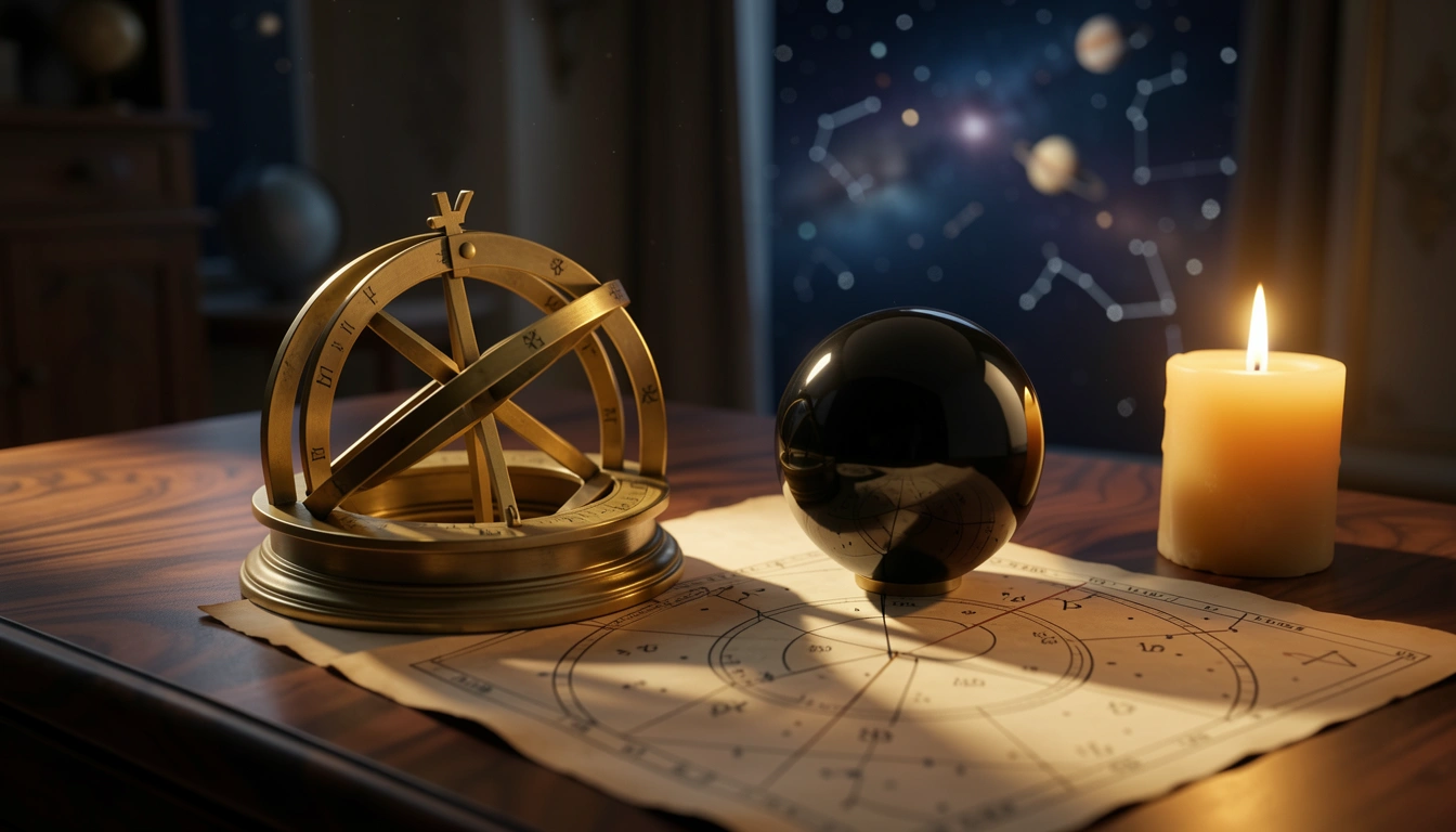 Brass astrolabe and obsidian sphere beside a candle on a wooden table with star charts